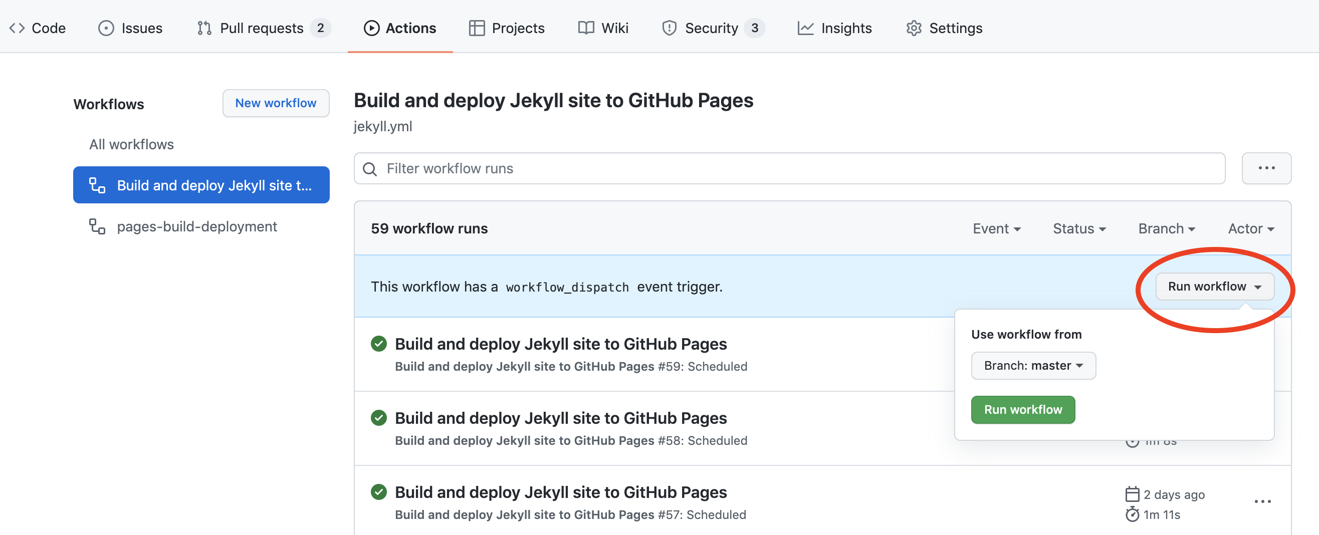 Screenshot of GitHub Run Workflow icon circled in red